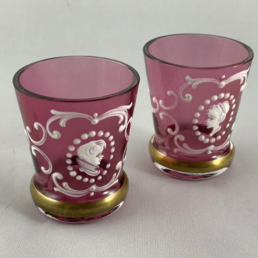 Pair of Vintage Mary Gregory Cranberry Shot Glasses, Hand-Painted, Gold Trim Set